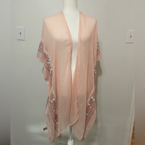One size women's blush pink/peach embroidered open front long line kimono EUC - Picture 1 of 6